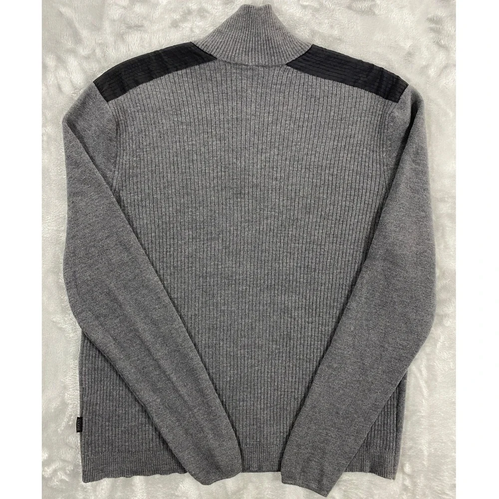 Boss Hugo Boss Quarter Zip Sweater Mens XL Gray Vintage 100% Virgin Wool Ribbed